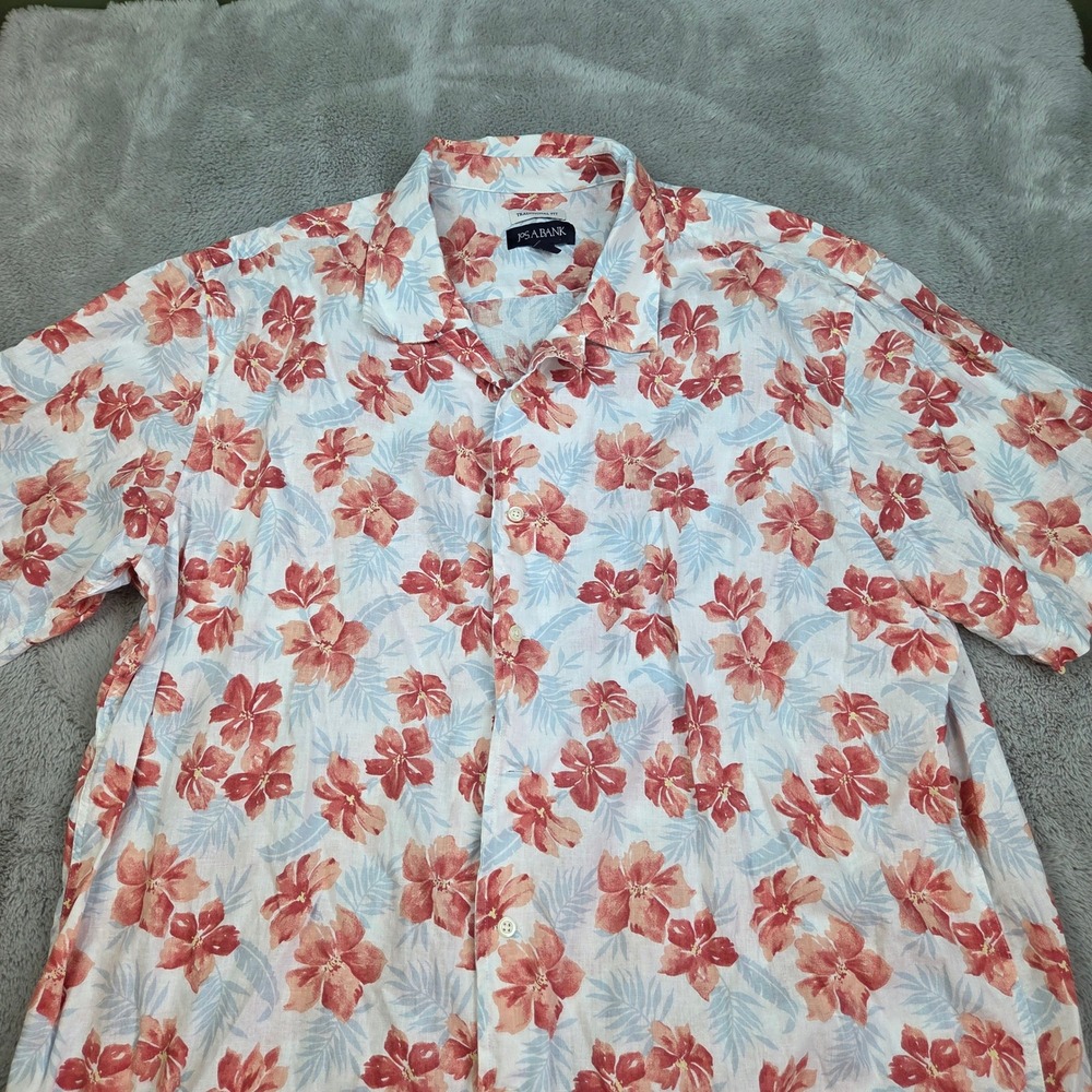 Jos. A. Bank Linen Floral Button Down Shirt Mens 2XLT Tropical Hibiscus Red Blue